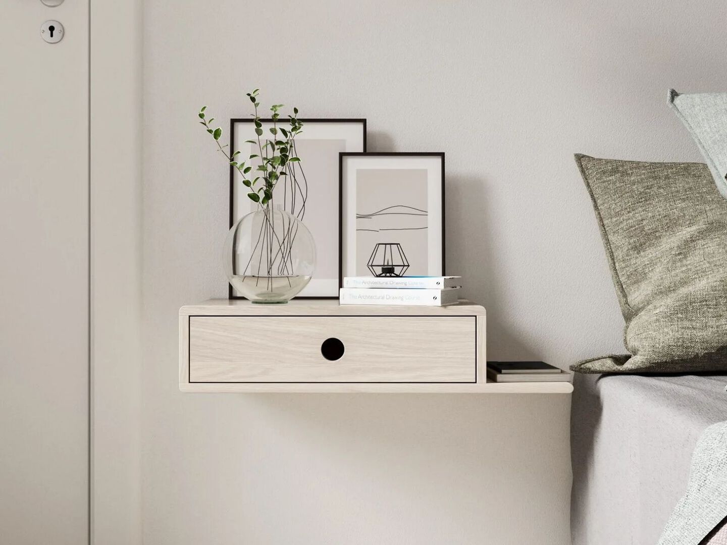 Ivory wooden floating nightstand hanging on a wall next to a bed