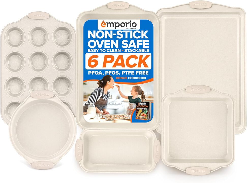 Baking Pan Set - Nonstick Coating, Carbon Steel Bakeware Set with White Silicone Handle, PFOA, PFOS, PTFE Free, Recipe Booklet Included, Oven Safe Tray (Up To 450° F), Set of 6 - White