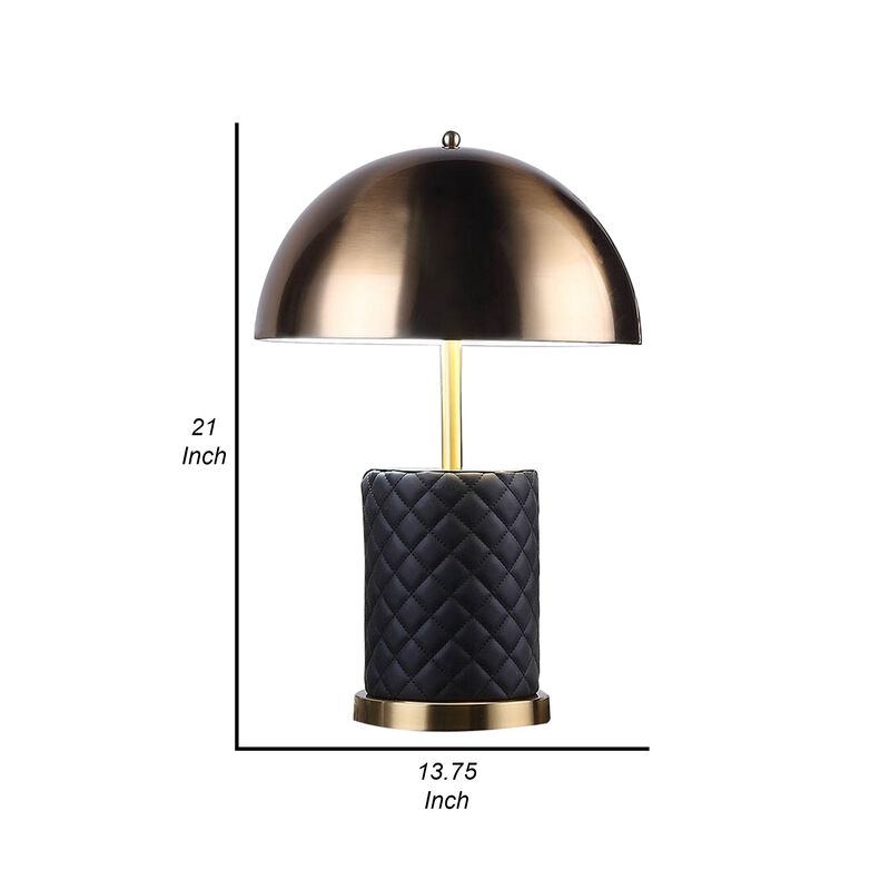 Aria 21 Inch Table Lamp, Dome Shade, Round Base, Black Faux Leather, Brass-Benzara