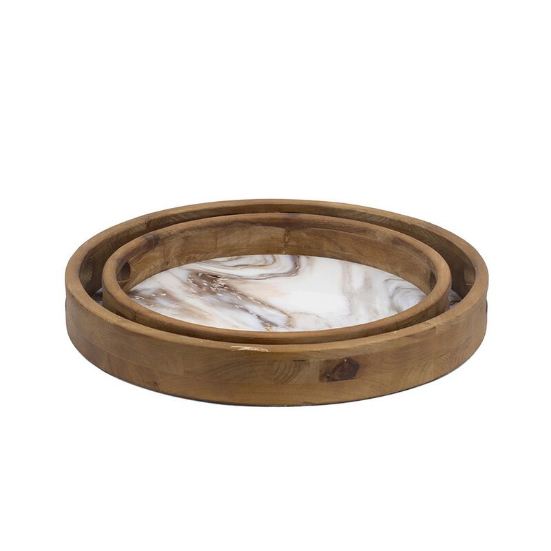 18, 15 Inch Round Decorative Tray, Marble Effect, Brown Fir Wood Frame-Benzara
