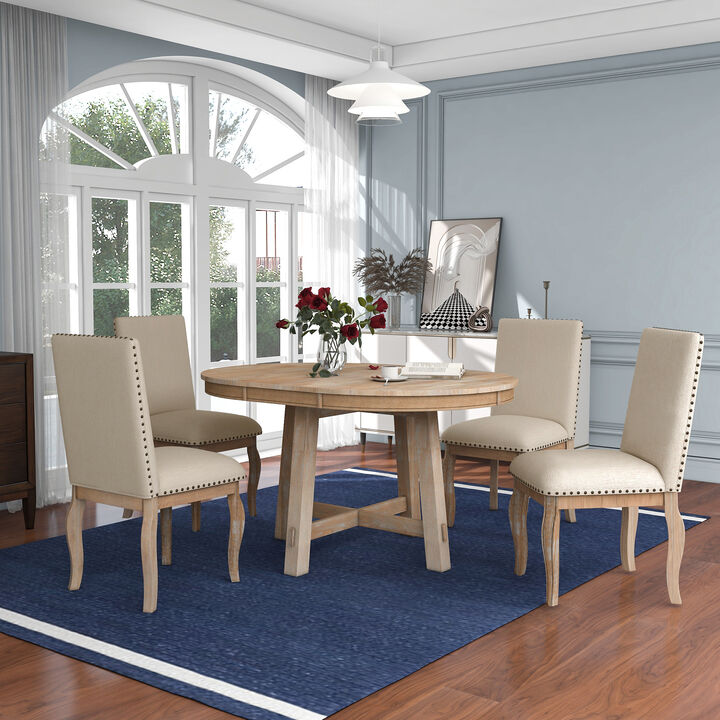 Merax 5-Piece Farmhouse Dining Table Set Wood Round Extendable Dining Table and 4 Upholstered Dining Chairs