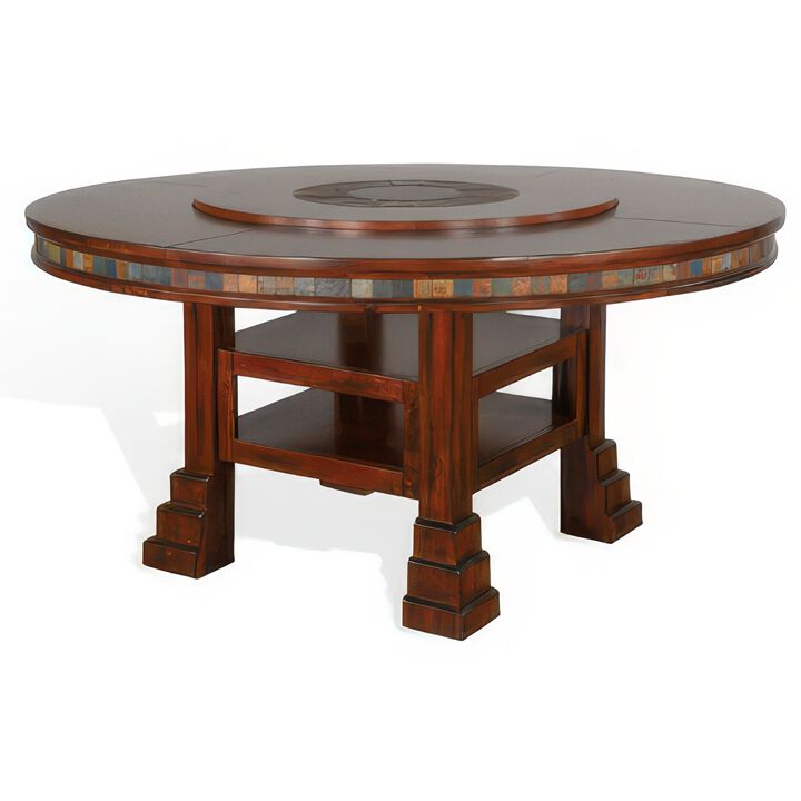 Odell Dining Table w Lazy Susan, 2 Shelves, 60 Inch Round Dark Brown - Benzara