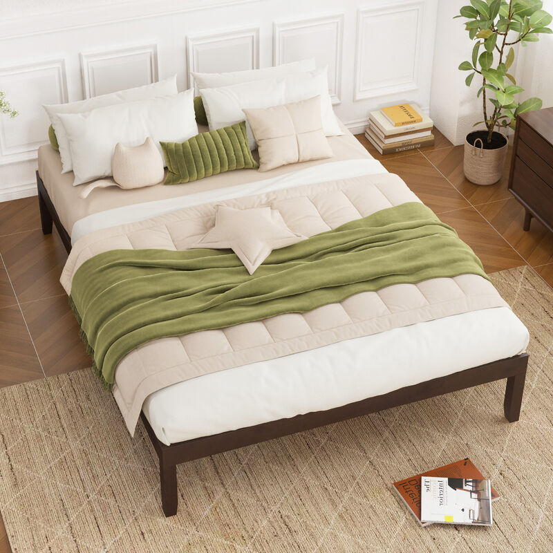 Wood Bed Frame with Wooden Slats Support and Rubber Wood Legs