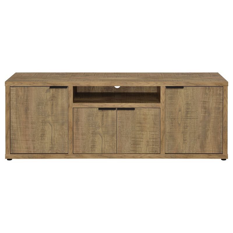 TV Entertainment Console with 2 Media Tower, 4 Cabinets, Natural Brown Wood - Benzara