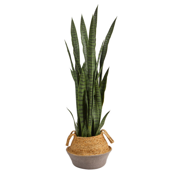 Hivvago 46" Sansevieria Artificial Plant in Boho Chic Handmade Cotton & Jute Gray Woven Planter Hivvago 46" Sansevieria Artificial Plant in Boho Chic Handmade Cotton & Jute Gray Woven Planter