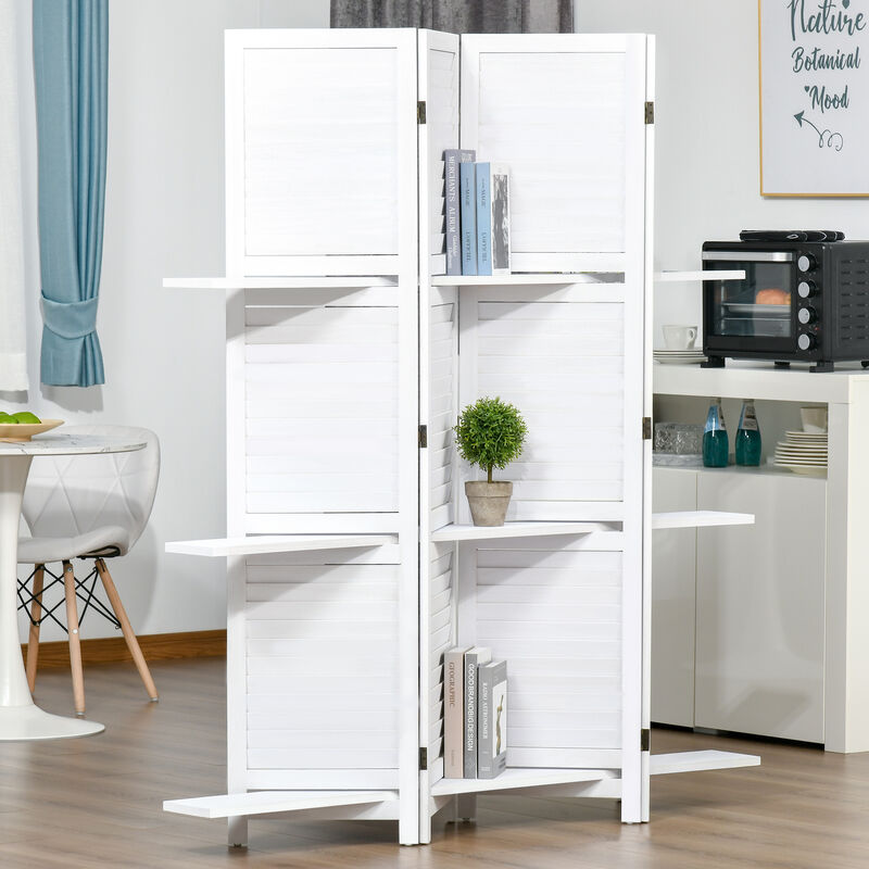 Wood Mobile Folding Privacy Screen Partition Wall Room Divider w/ Shelves White