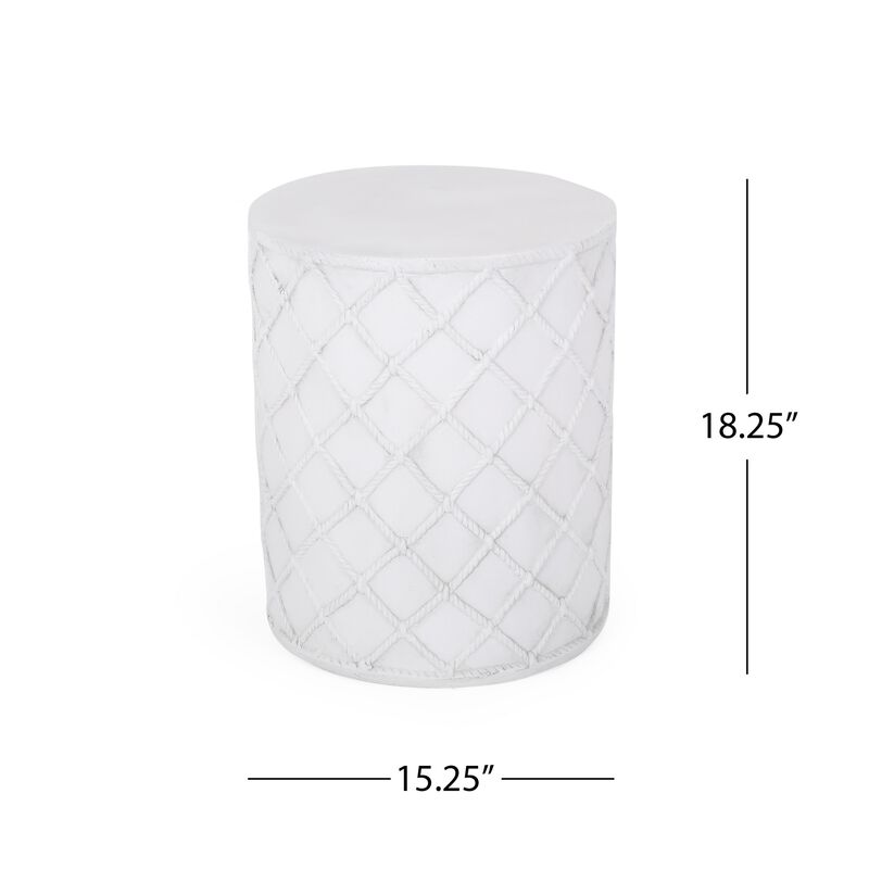 Outdoor End Table, Round 15 Inch Top, Antique White Faux Concrete - Benzara