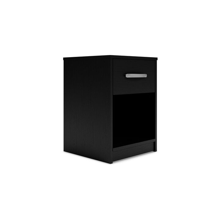 Finny Nightstand, 1 Drawer 1 Shelf, Matte Black, Silver Metal, 22 Inch - Benzara