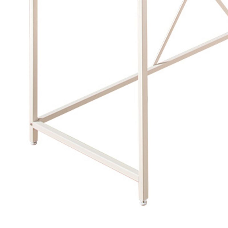 Posy Corner Desk, L Shaped White Metal Frame, X Crossed, Oak Brown Wood Top - Benzara