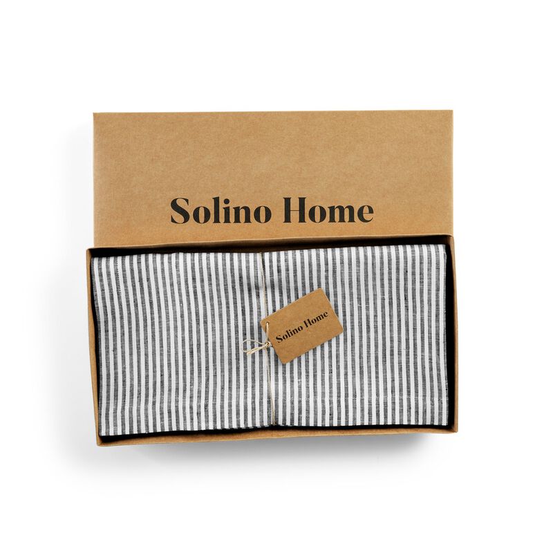 Solino Home 100% Pure Linen Table Throw 52 x 52 Inch | Narrow Stripe for Thanksgiving, Christmas