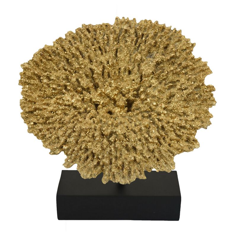 Gito Coral Sculpture Accent Decor, Black Base and Gold Resin 10 Inch - Benzara