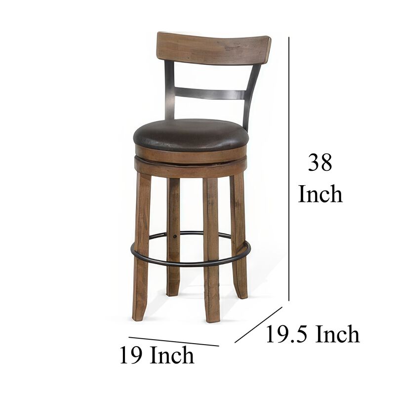 Yael Swivel Barstool Chair Set of 2, Gray Faux Leather, Brown, Black - Benzara