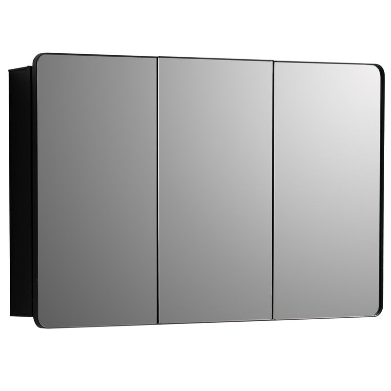 Basicwise 3-Door Aluminum Bathroom Medicine Cabinet, Round Corner Framed Door - Versatile Recessed Medicine Cabinet or Surface Mount, Mirrored Door Cabinet with Adjustable Glass Shelves, Matte Black