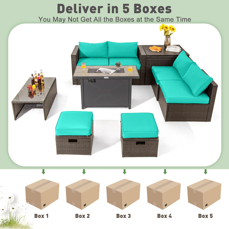 9-Piece Outdoor Patio Furniture Set with Cushions & Propane Fire Pit Table for Garden or Backyard