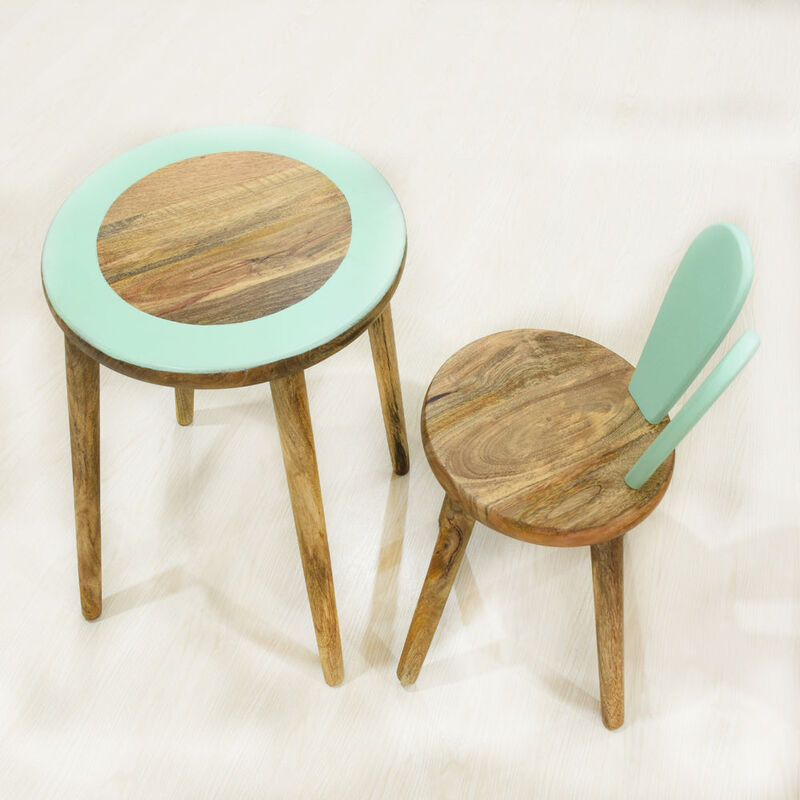 Handmade 100% Mango Wood Kids Light Green Color Round Shaped Rabbit Theme Indoor Table & Chair