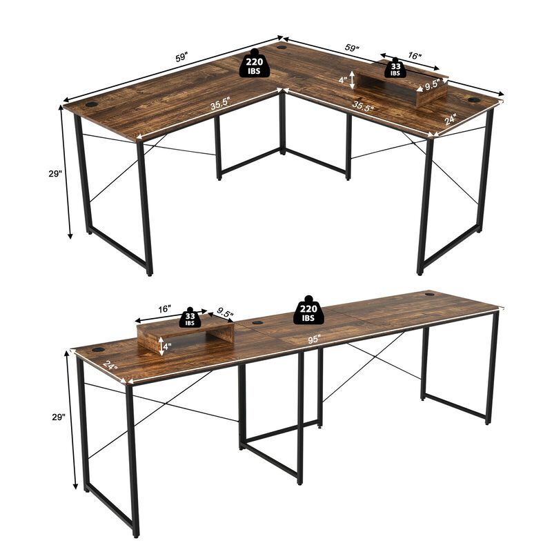95 Inch 2-Person L-Shaped Long Reversible Computer Desk with Monitor Stand