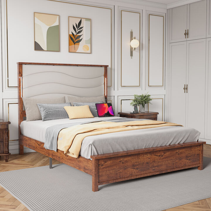 Bed Frame with Upholstered Headboard, Bed Frame with Charging Station and LED Lights, Wood Slats, Beige Linen, No Box Spring Needed, Easy Assembly