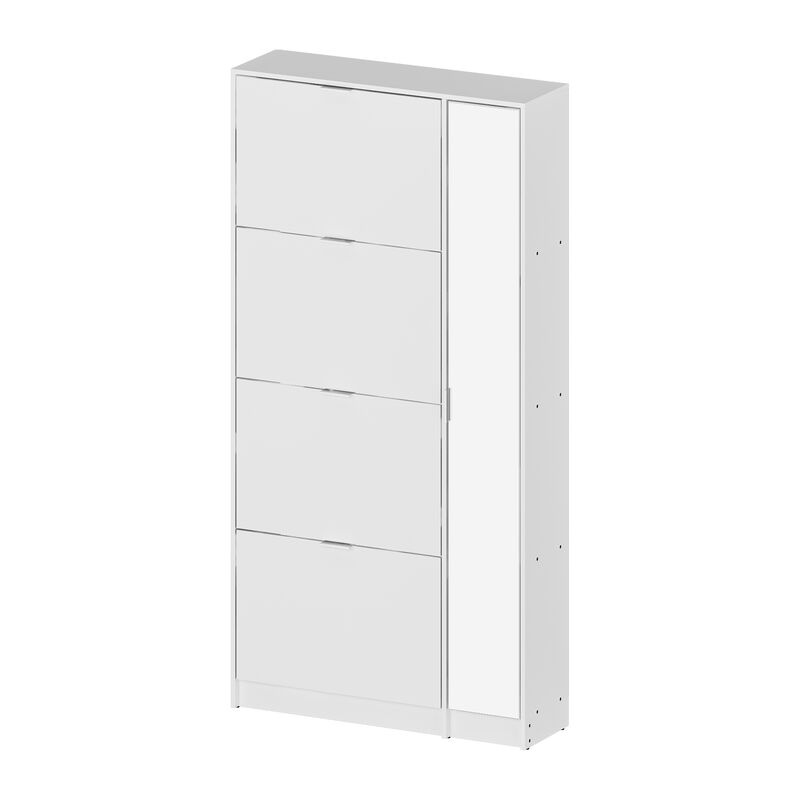 Modern Shoe Storage Cabinet with 4 Flip Drawers & Mirror, Wood 4-Tier Shoe Rack Storage Organizer with Shelves and Door for Entryway, Hallway & Bedroom, White (31.5”L x 9.4”W x 61.2”H)