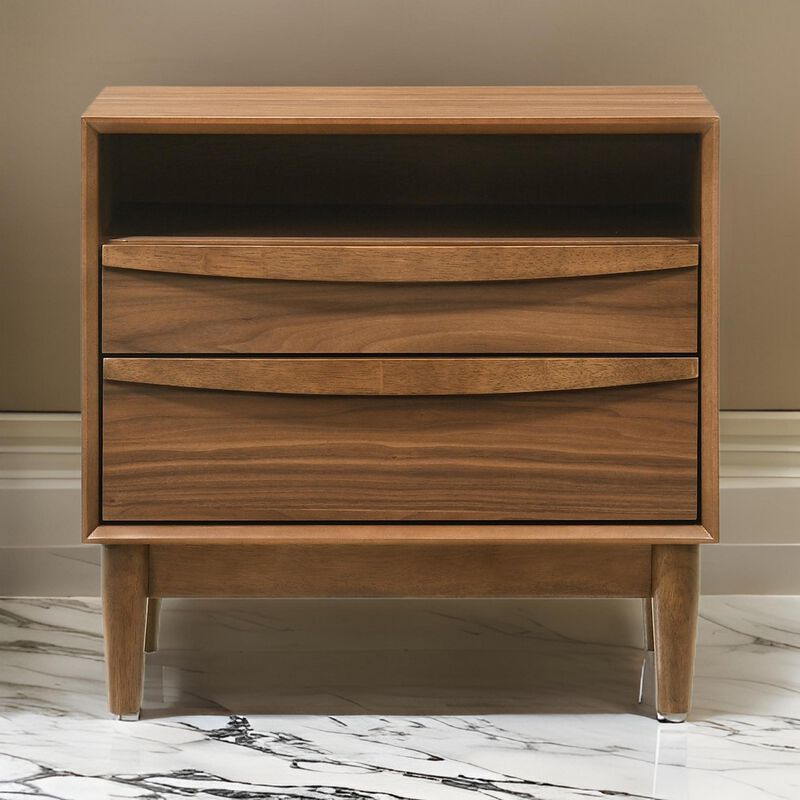 Mian 23 Inch Nightstand, 2 Drawer, Linear Undercut Handles, Wood, Walnut  - Benzara