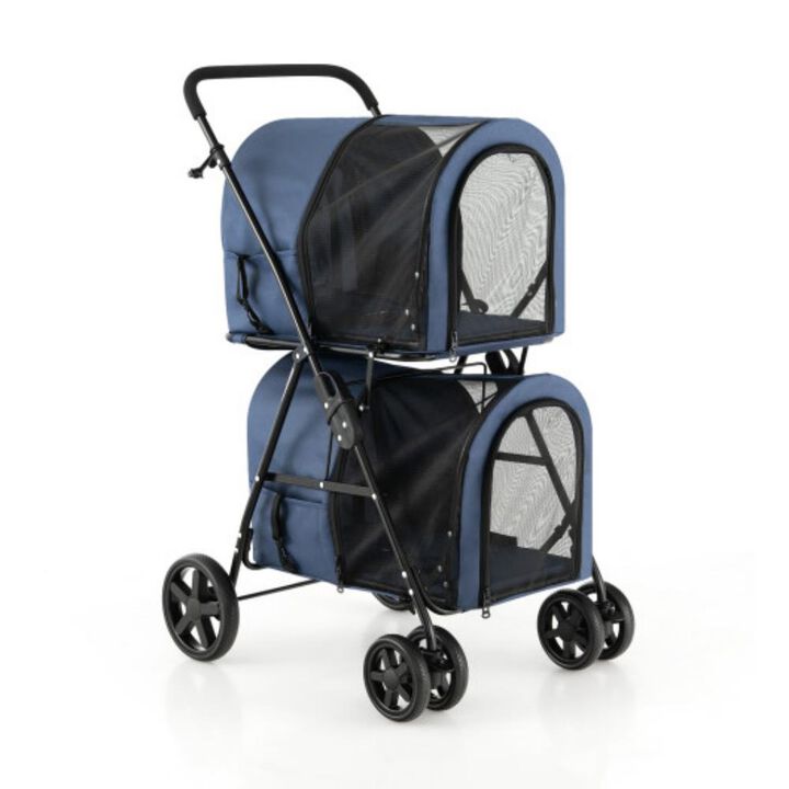 4-in-1 Foldable Double Layer Pet Stroller with 2 Detachable Carriers-Blue