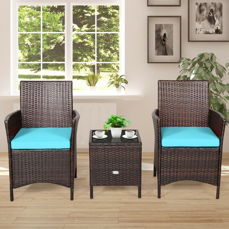 3 Pieces Patio Rattan Conversation Set with Glass Top Coffee Table and Cushions