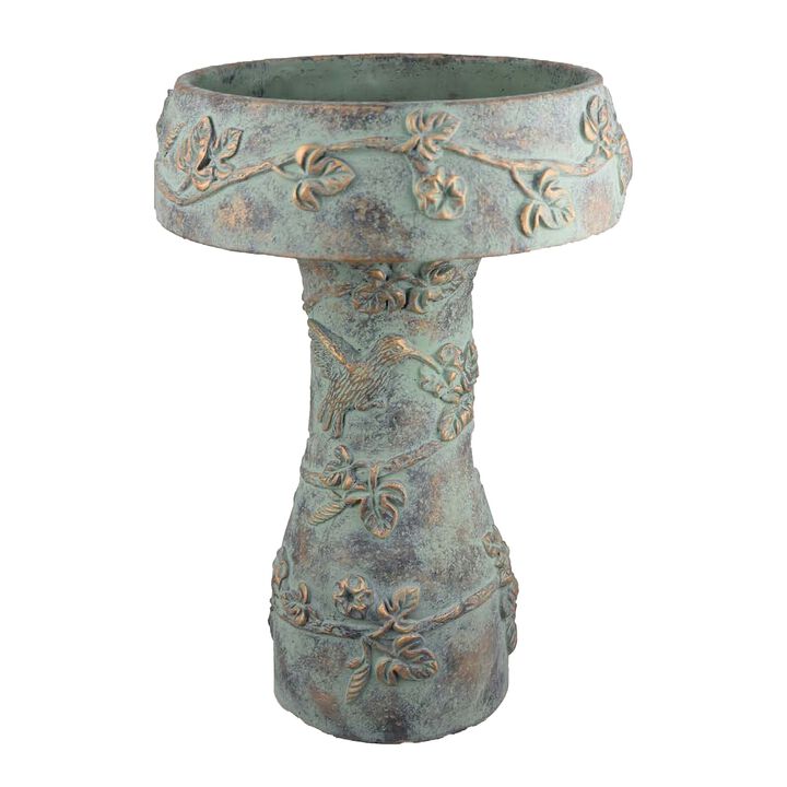 Menon Bird Bath Feeder, Decorative Designs, Green Terracotta, 20 Inch - Benzara