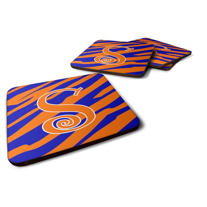 Caroline's Treasures CJ1036-SFC Monogram-Tiger Stripe Blue and Orange Foam Coasters (Set of 4), Initial Letter S, 3.5 H x 3.5 W, Multicolor