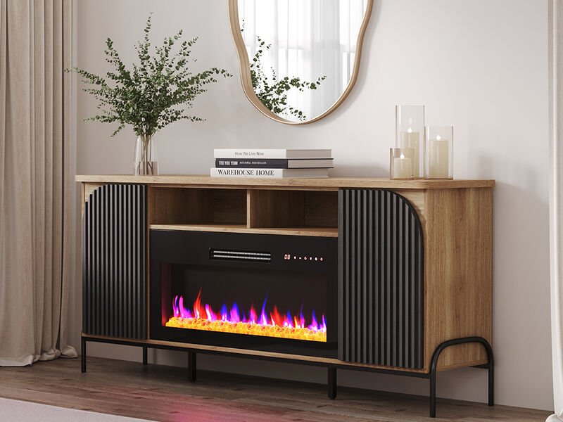 BELLEZE 68 Inch Fluted TV Stands with 36" Electric Fireplace,?Modern Fluted Entertainment Center with Open Storage Shelves& Cabinets, Media Console TV Cabinet For Living Room Bedroom (Camel)