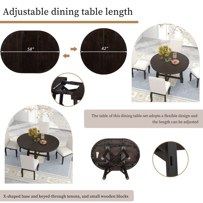 Farmhouse Round Extendable Dining Table With 16 Leaf Wood Kitchen Table