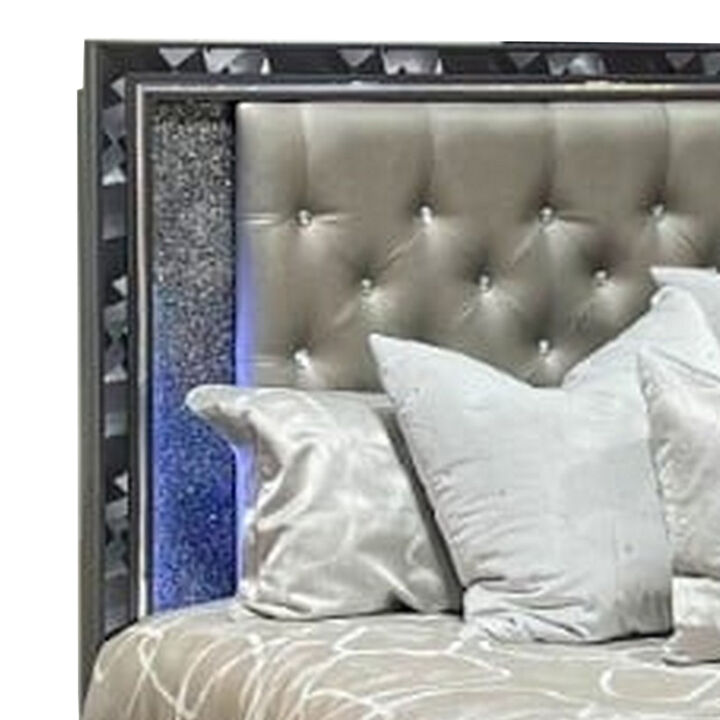 Bet King Bed, Storage Drawers, Silver Faux Leather Upholstery, LED, Black - Benzara