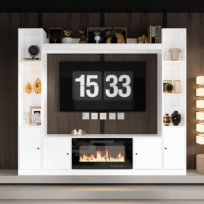 White Wood Entertainment Centers TV Stand Fits TV's up to 57 in. with Open Shelves, Door Cabinets