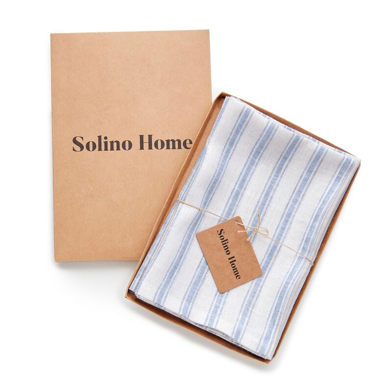 Solino Home 100% Pure Linen Cloth Napkins 20 x 20 Inch Set of 4 | Capri Ticking Stripe Dinner Napkins