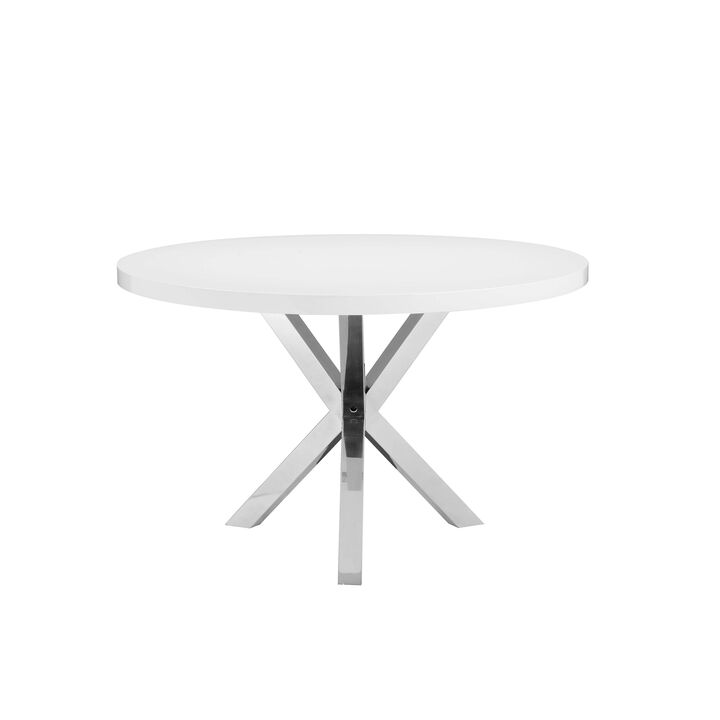 Emi 47 Inch Round Dining Table, X- Cross Brushed Steel, White Wood - Benzara