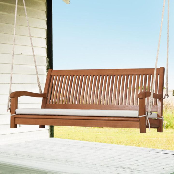 Hivvago 2-Person Hanging Porch Swing Wood Bench with Cushion Curved Back