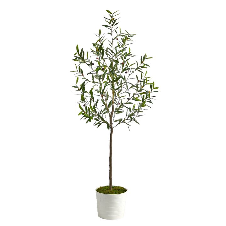 Nearly Natural 70-in Olive Artificial Tree in White Tin Planter Nearly Natural 70-in Olive Artificial Tree in White Tin Planter