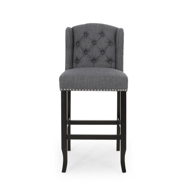 Seliva Barstool Chair Set of 2, Charcoal Gray, Tufted Back, Black Wood - Benzara