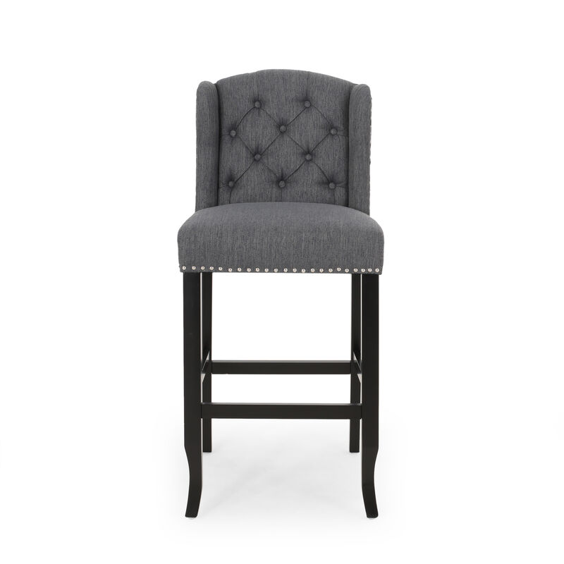 Seliva Barstool Chair Set of 2, Charcoal Gray, Tufted Back, Black Wood - Benzara