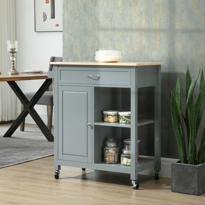 Gray Kitchen Trolley: Utility Cart with Wood Top & Drawer