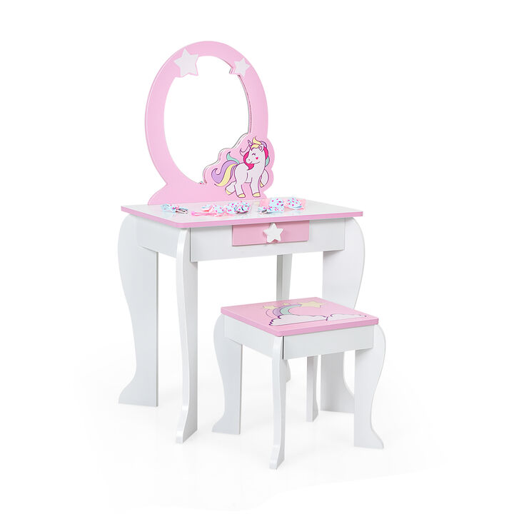 Kids Wooden Makeup Dressing Table and Chair Set with Mirror and Drawer