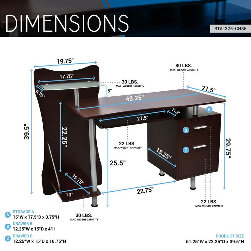 Techni Mobili Stylish Computer Desk with Storage. Color: Chocolate