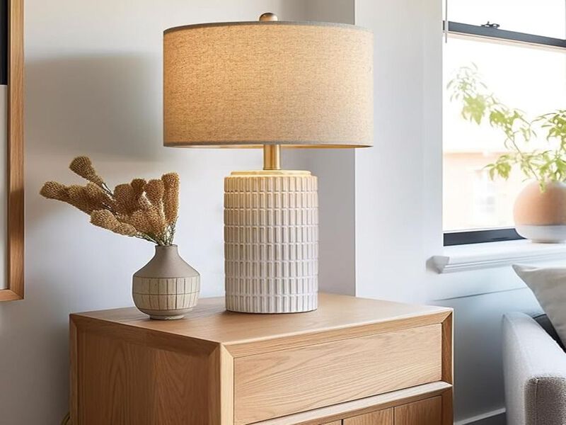 Set of 2 Modern 23" White Ceramic Table Lamps for Bedroom, Living Room, Beige Shade