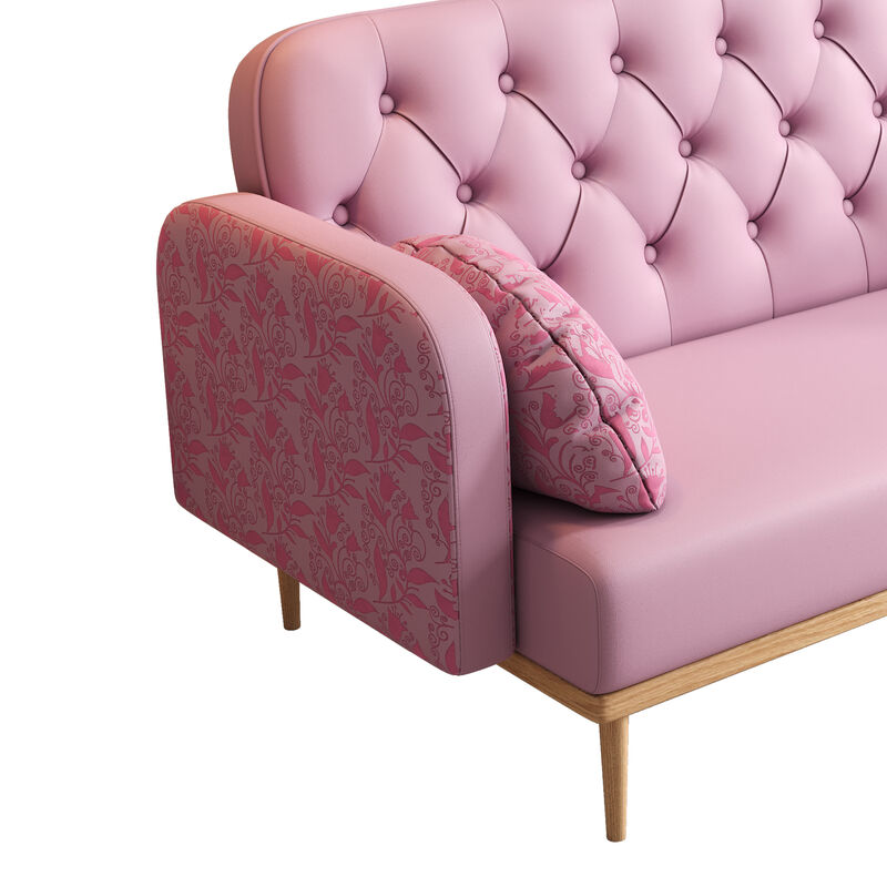 Loveseat sofa with tulip pattern Modern Upholstered Two Seater PU Sofa with 2 dumpling-shaped throw pillows with tulip patterns Light