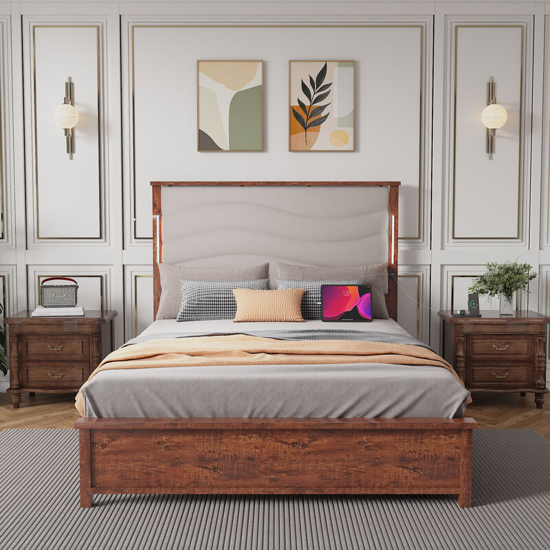 Bed Frame with Upholstered Headboard, Bed Frame with Charging Station and LED Lights, Wood Slats, Beige Linen, No Box Spring Needed, Easy Assembly