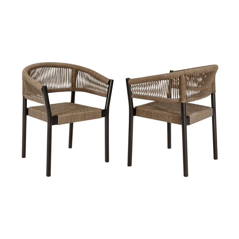 Roi Patio Dining Chair Set of 2, Truffle Rope Woven, Dark Eucalyptus Wood - Benzara
