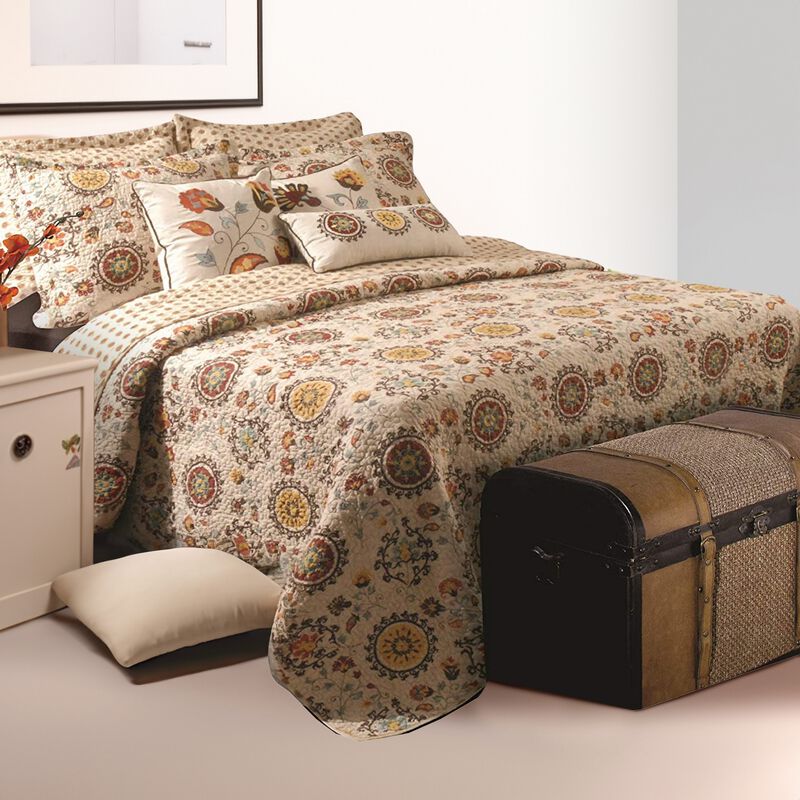 Elbe 5 Piece Queen Quilt Set with Medallion and Floral Pattern, Beige and Brown - Benzara