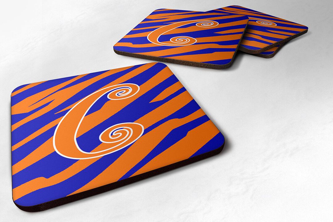 Caroline's Treasures CJ1036-CFC Monogram-Tiger Stripe Blue and Orange Foam Coasters (Set of 4), Initial Letter C, 3.5 H x 3.5 W, Multicolor