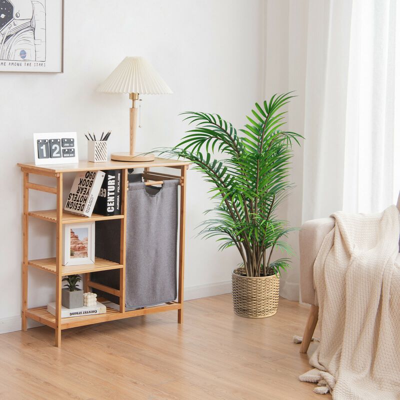 Wicker Laundry Hamper Stand with Removable Sliding Bag and 3-Tier Open Shelves