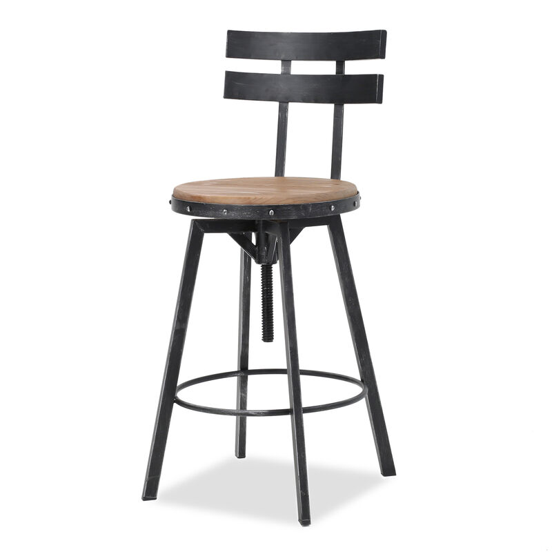 Antique Firwood and Metal Barstool with Smooth Seat Backing