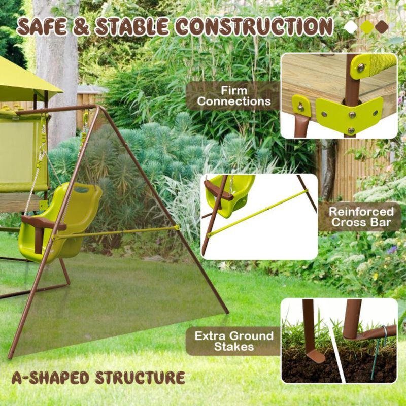 Hivvago 4-in-1 Swing Set with Covered Playhouse Fort and Height Adjustable Baby Seat
