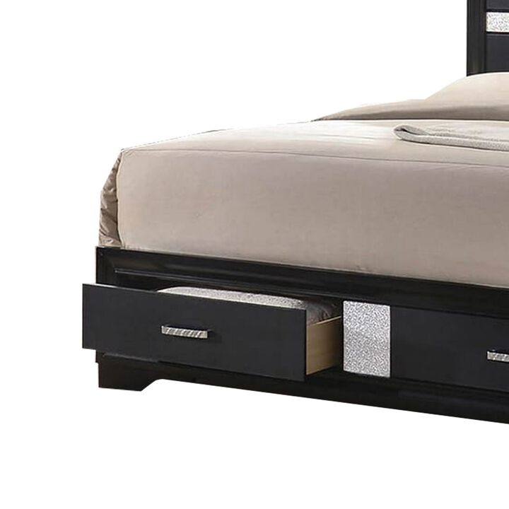 Wooden Eastern King Size Bed with 2 Storage Drawers, Black and Silver-Benzara